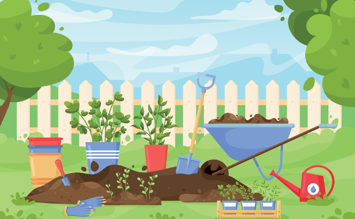 An illustration of a garden with plants and tools
