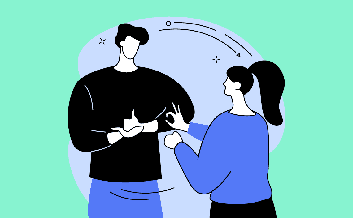 An illustration of a man and woman communicating with sign language